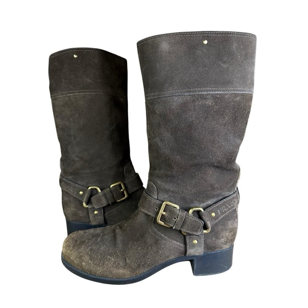 Prada Brown Mid calf Suede Biker Boots with Gold Buckle Logo EU 39 US 9 - Picture 11 of 13
